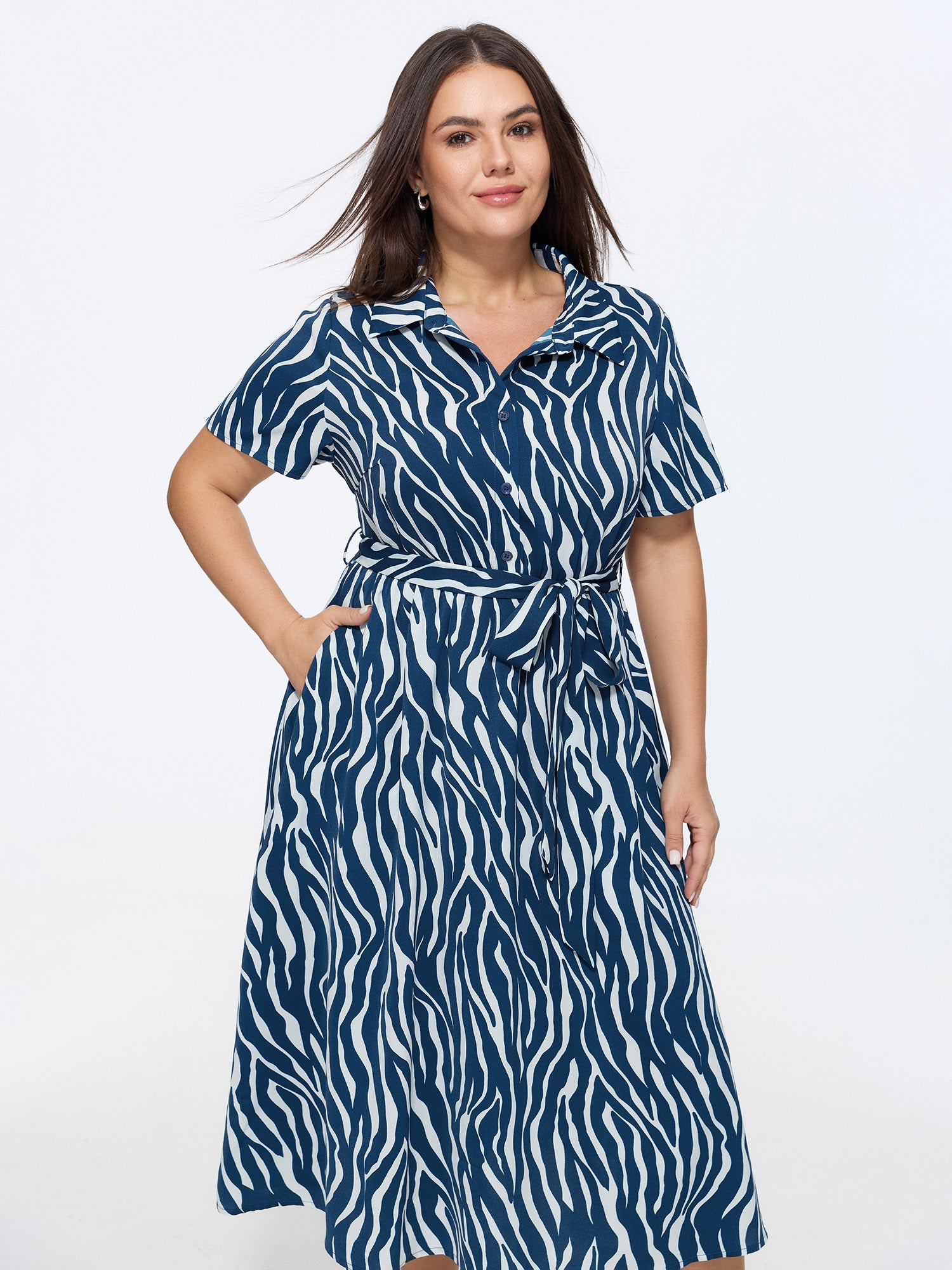 Zebra Print Waist-Tie Midi Shirt Dress