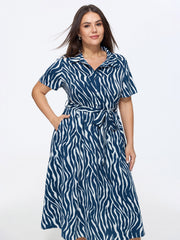 Zebra Print Waist-Tie Midi Shirt Dress