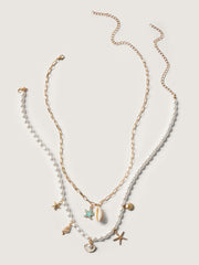 Layered Chain & Pearl Ocean Charm Necklace