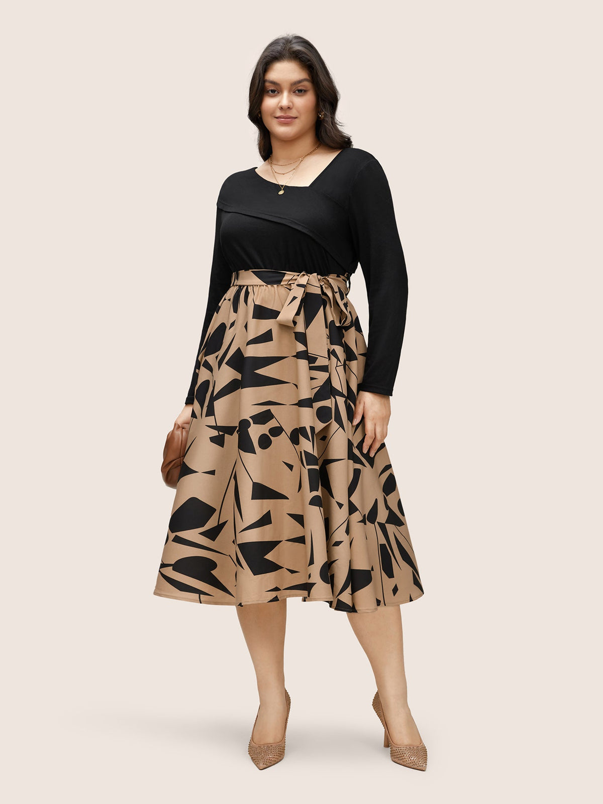 Geometric Contrast Patchwork Asymmetrical Neck Belted Dress