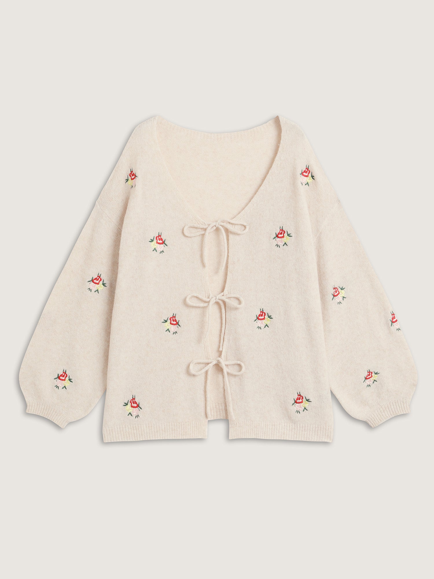 Supersoft Floral Embroidery Front Triple Tie Knit Cardigan