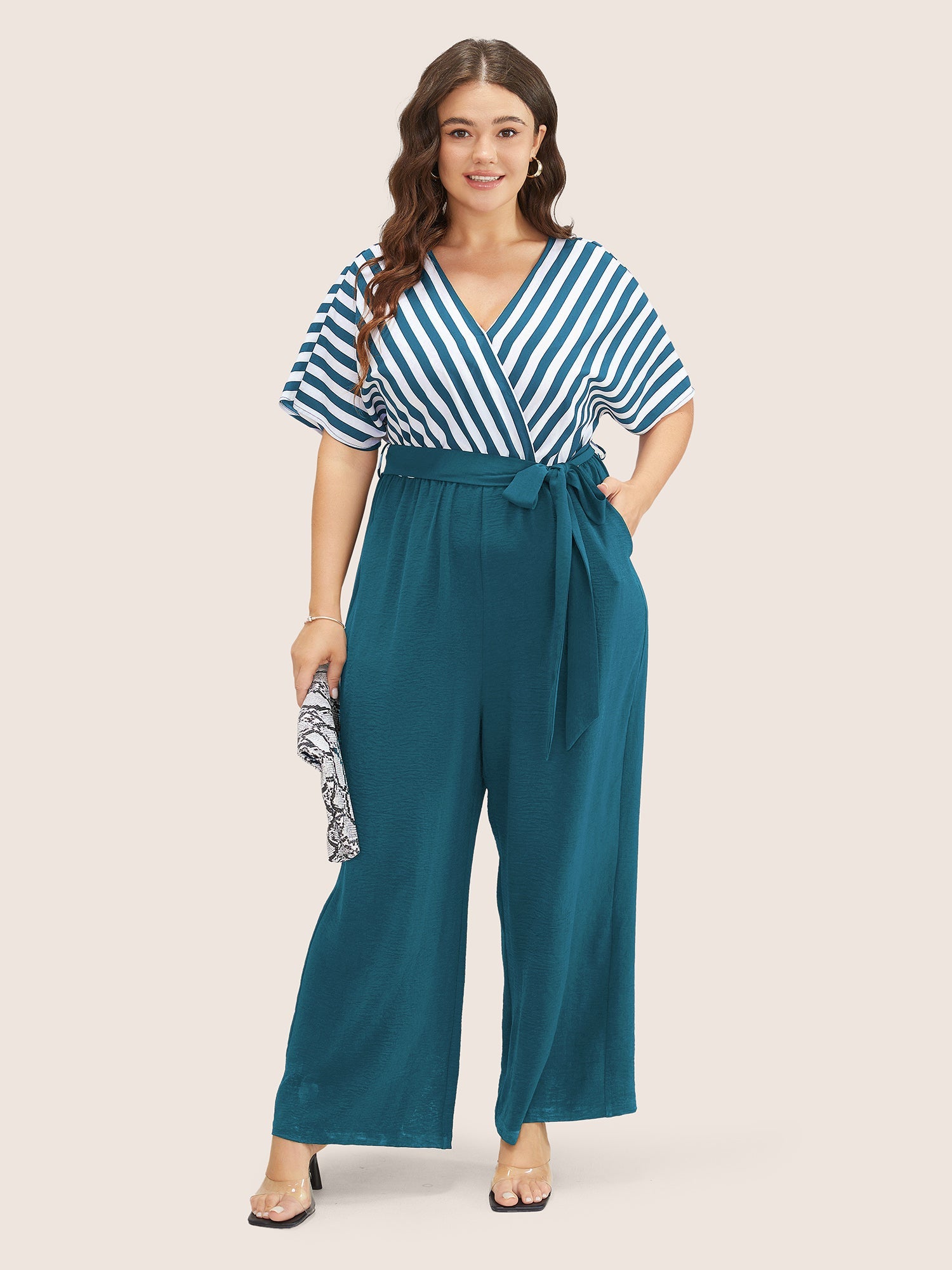 Striped Patchwork Pocket Batwing Sleeve Belted Wrap Jumpsuit