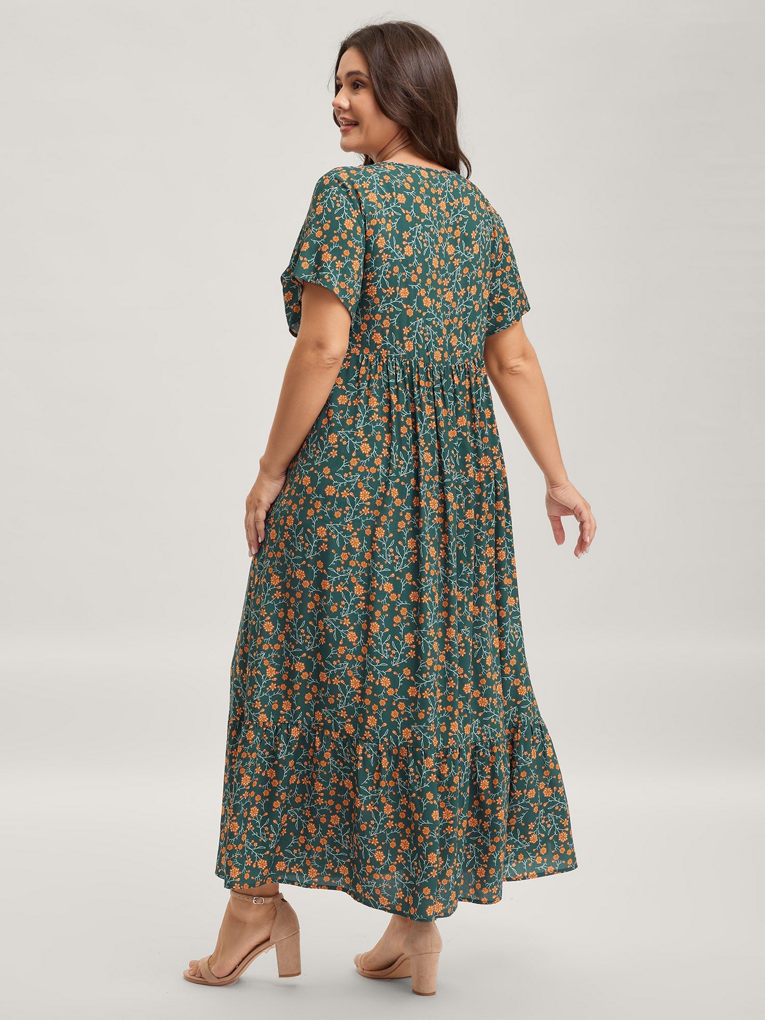 Rayon Floral Print Neck Tie Pockets Maxi Dress