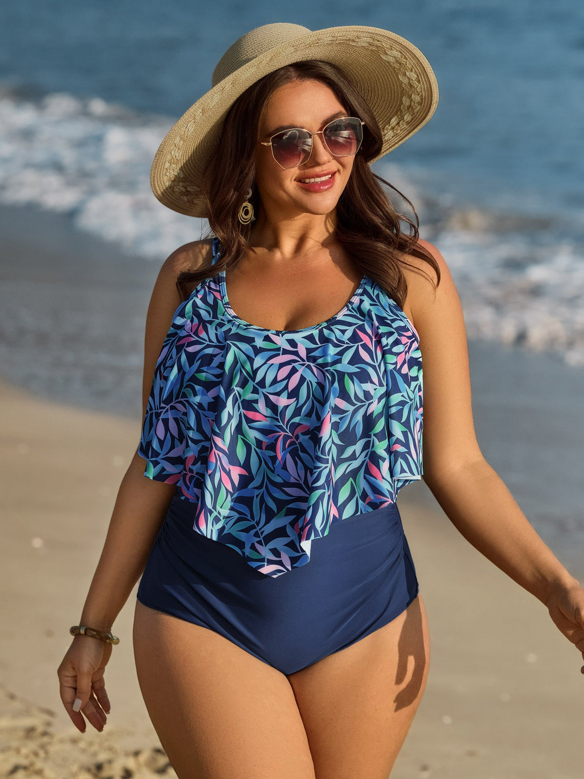 Ruffled Tropical Print One Piece Swimsuit