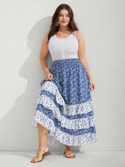 Floral Patchwork Tiered Maxi Skirt