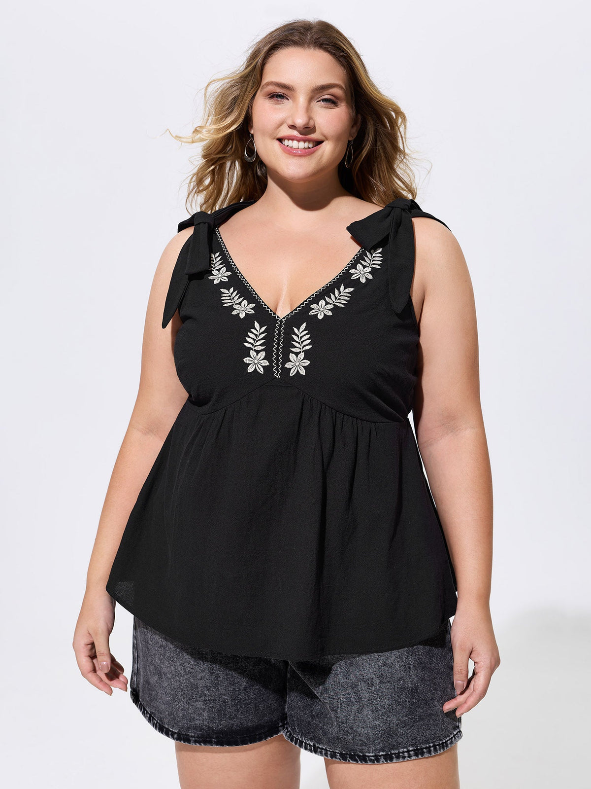Cotton Floral Embroidered Neckline Shoulder-Tie Tank Top