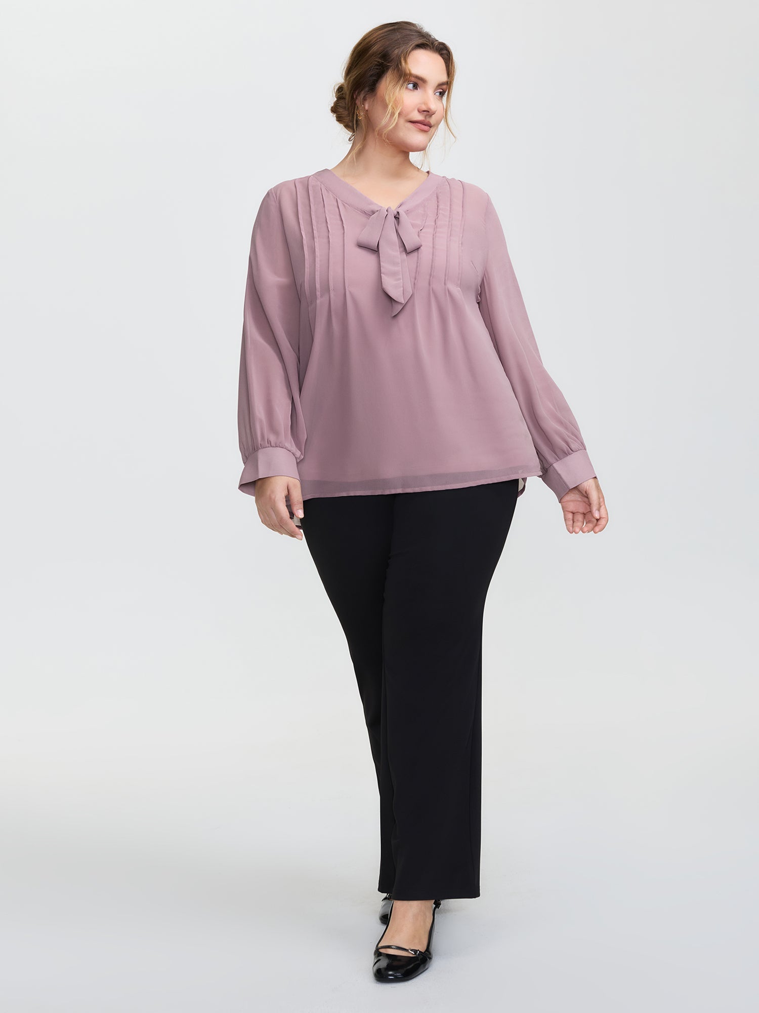 Toothpick Pleats Neck-Tie Sheer Blouse