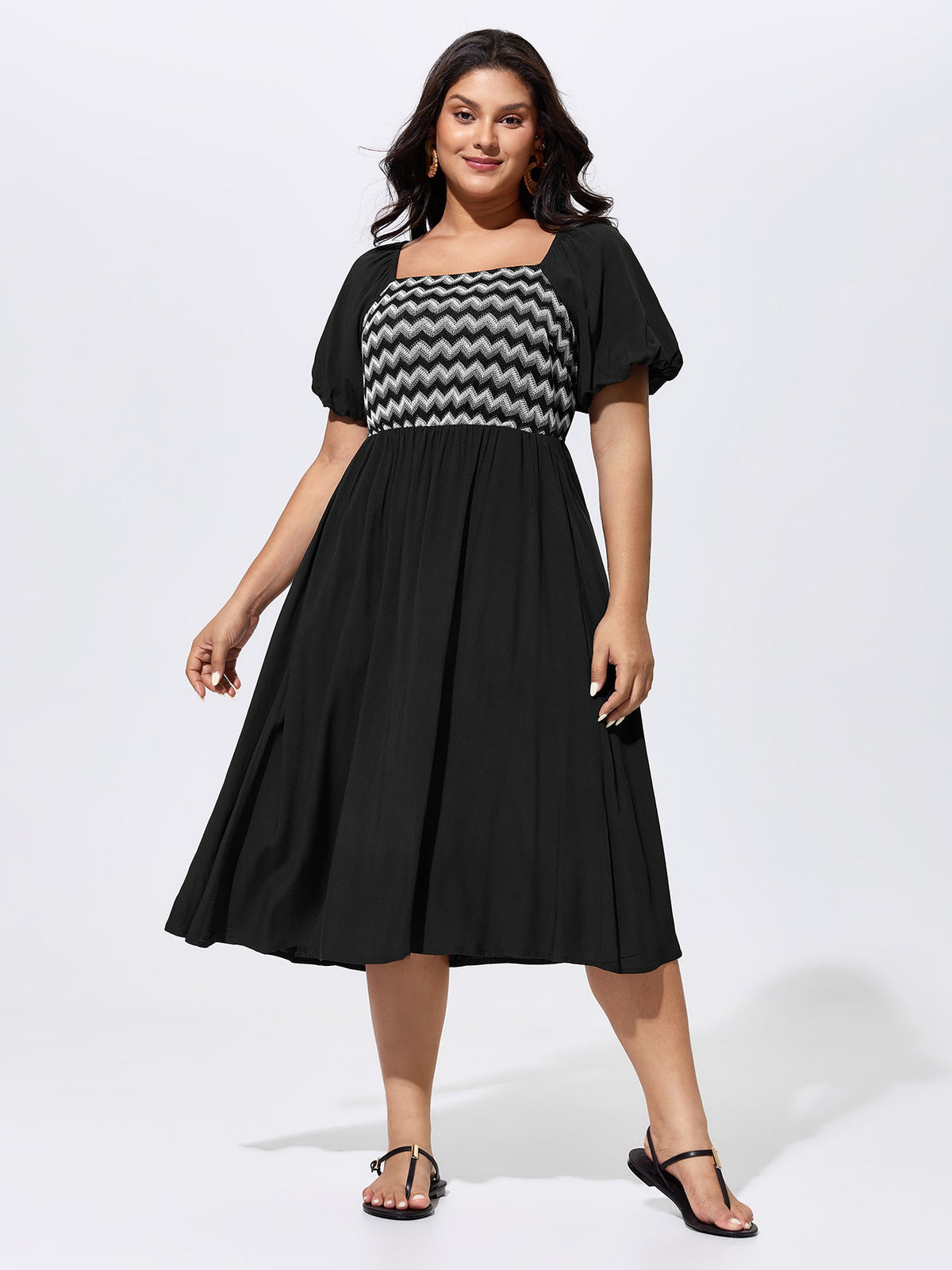Wavy Color Contrast Square Neckline Midi Dress