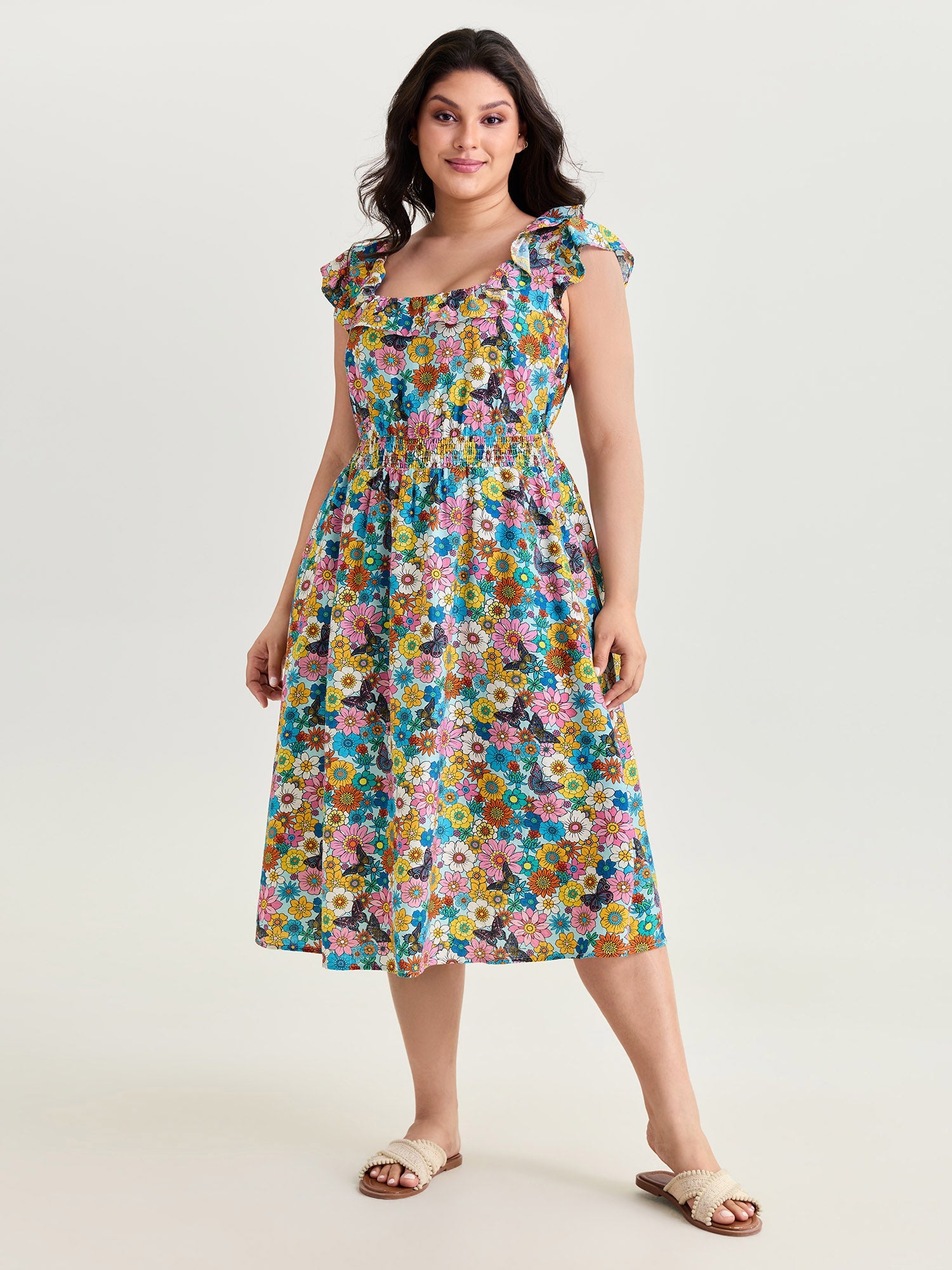 Playful Floral Print Ruffled Straps Midi Dress