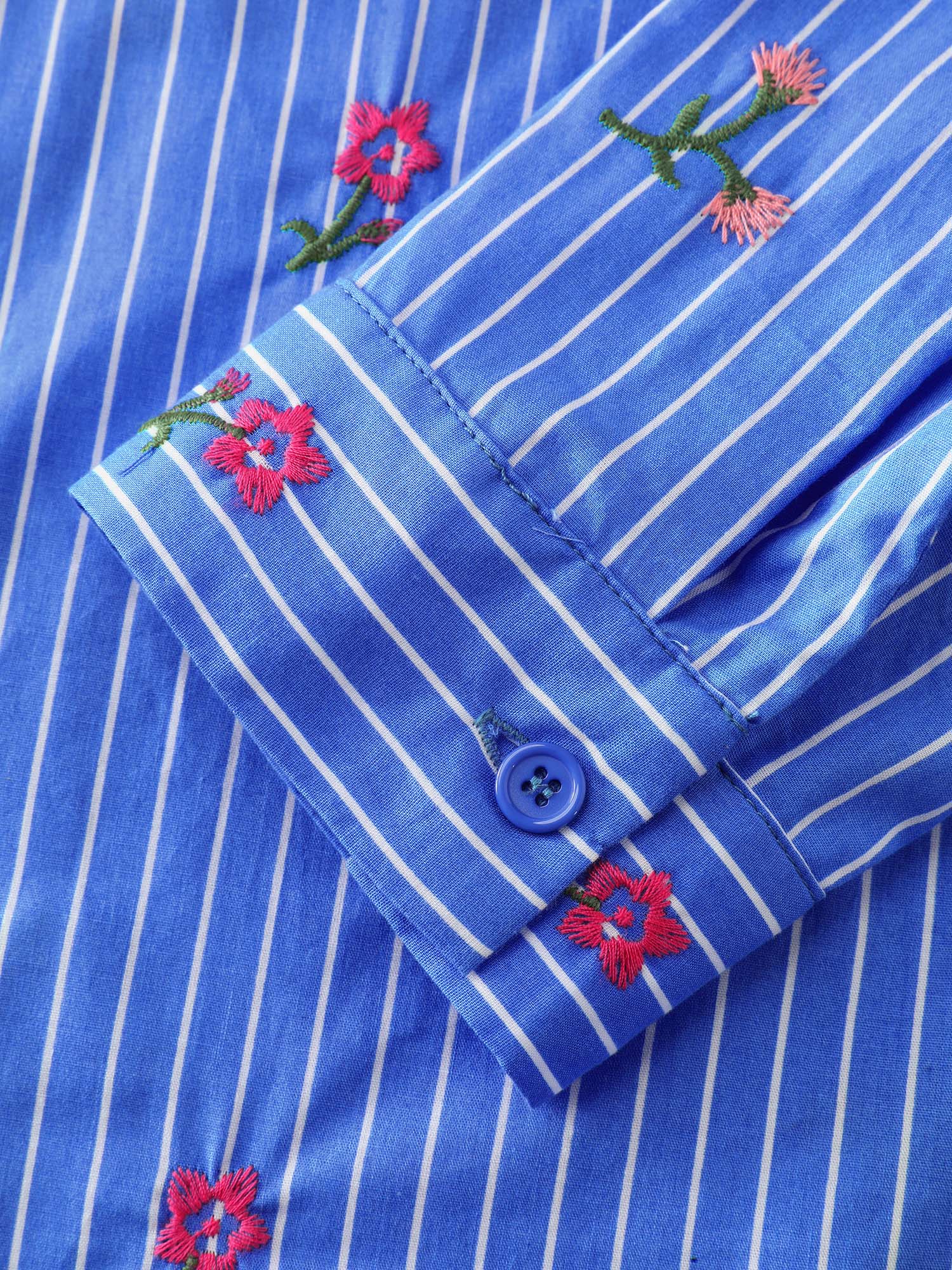 Cotton Floral Embroidered Striped Button-Down Shirt