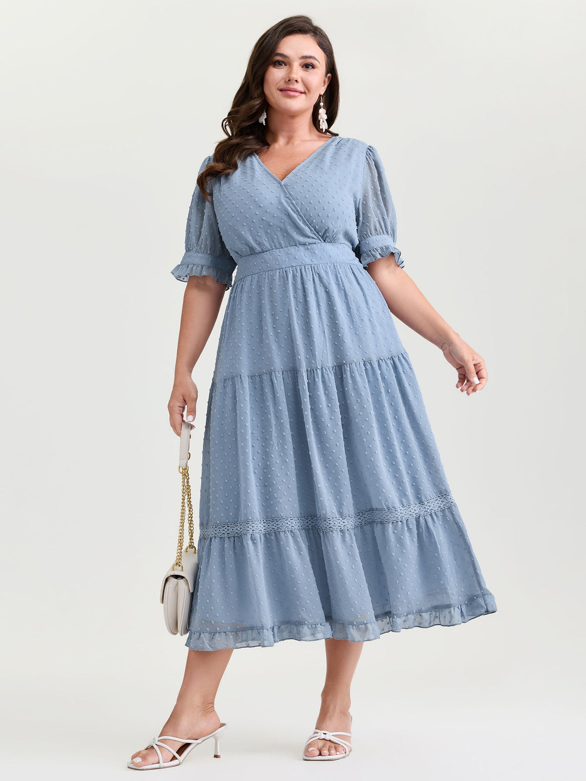 Textured Lace Trim Wrap Neckline Tiered Midi Dress