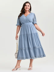 Textured Lace Trim Wrap Neckline Tiered Midi Dress