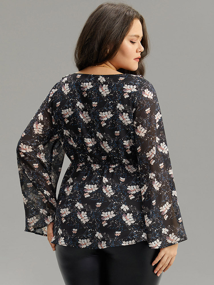 Ditsy Floral Ties Ruffles Elastic Waist Blouse