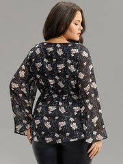 Ditsy Floral Ties Ruffles Elastic Waist Blouse