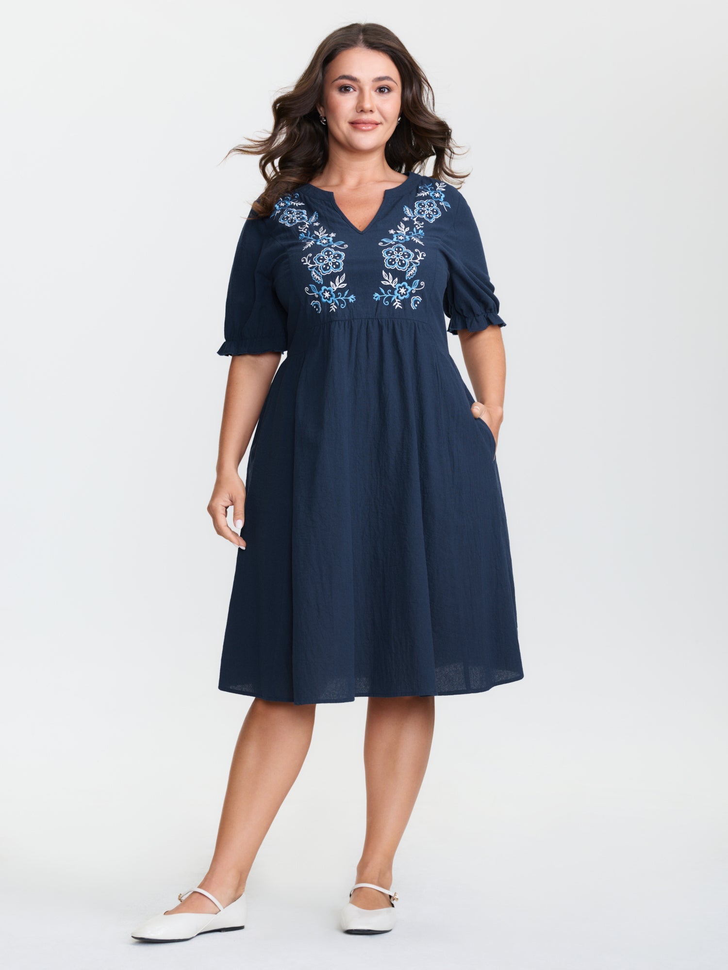 Cotton Floral Embroidery Notched Collar Mini Dress
