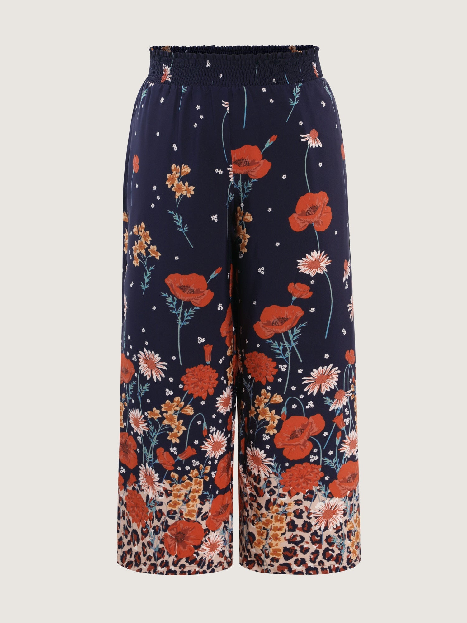 Floral Print Shirred Waist Wide Leg Pants