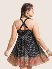Overlap Collar Boho Print Patchwork Swim Dress