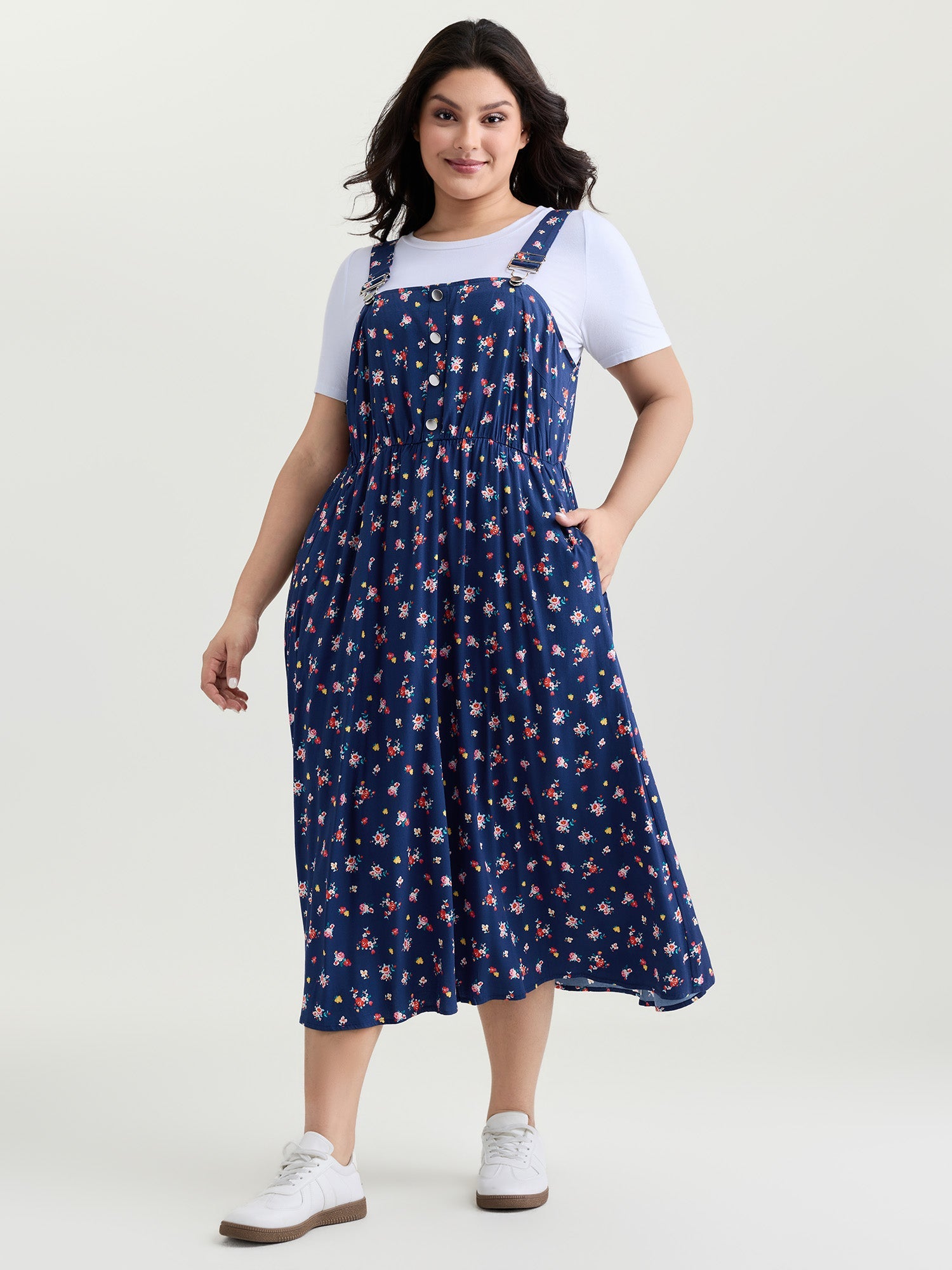 Sweet Floral Print Adjustable Midi Overall Dress