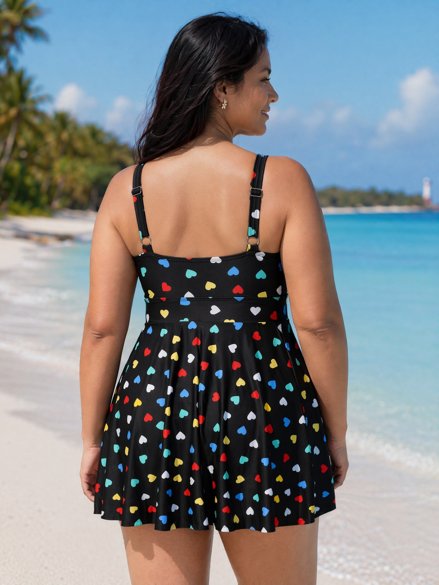 Colorful Heart Print Pockets Swim Dress