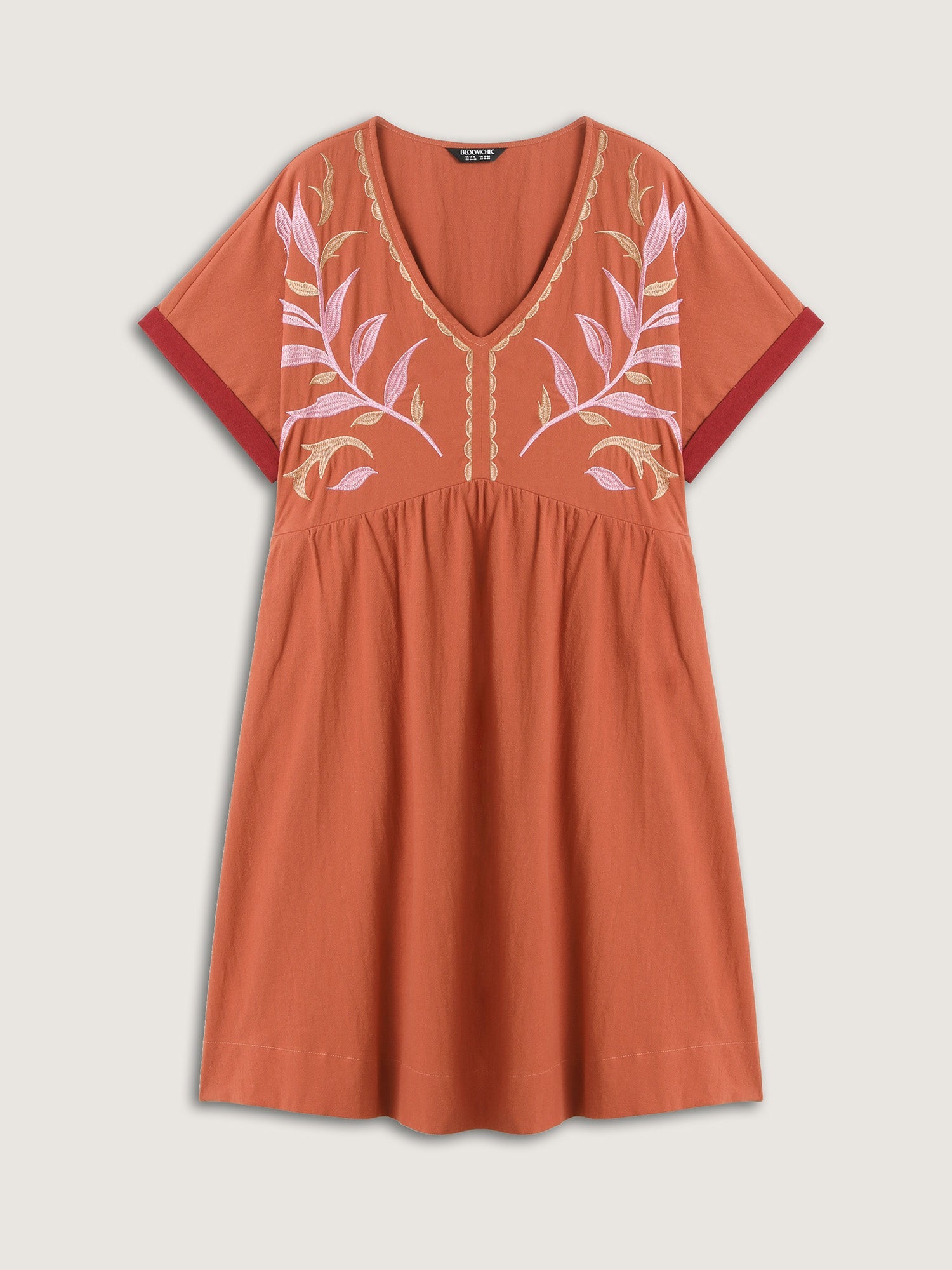 Cotton Leafy Embroidery Color Contrast Midi Dress