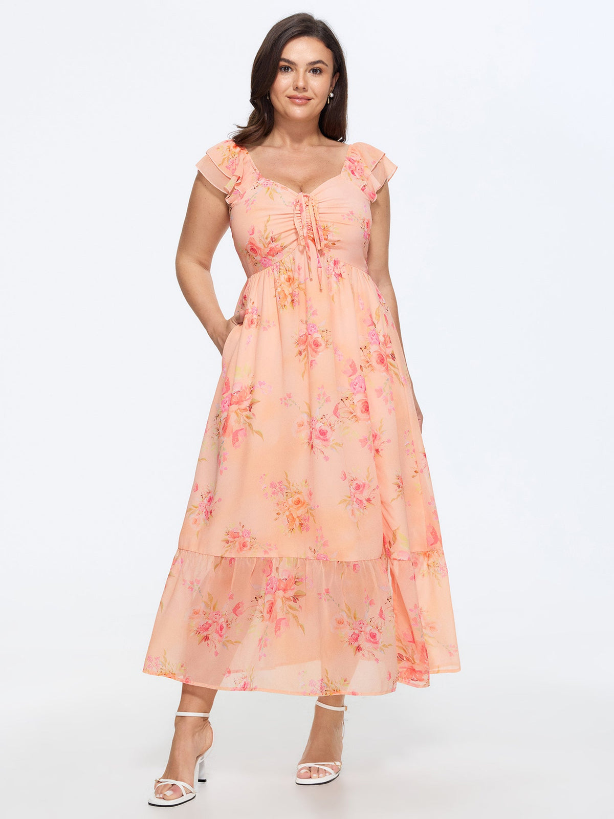 Floral Print Ruched Ruffled Maxi Dress