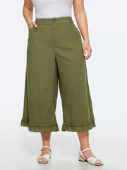 Cotton Ruffled Hem Wide-Leg Pants