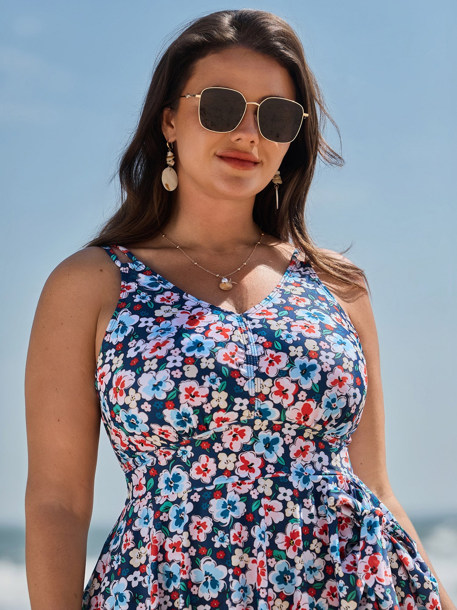 Floral Print Arc Hem Side Tie Swim Dress