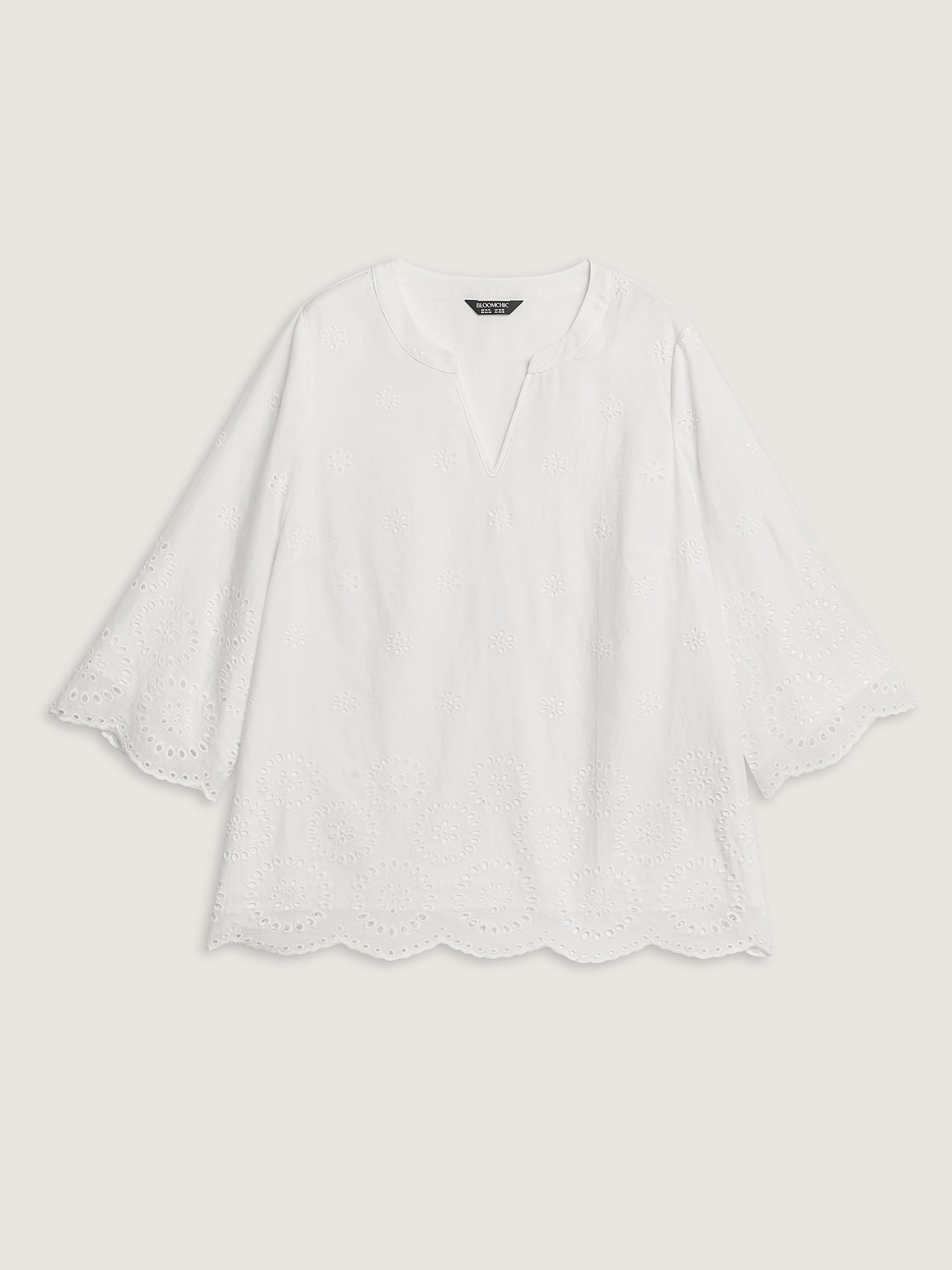 Cotton Floral Eyelet Trim Notched Collar Blouse