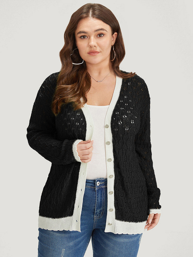 Two Tone Patchwork Cut Out Button Down Cardigan