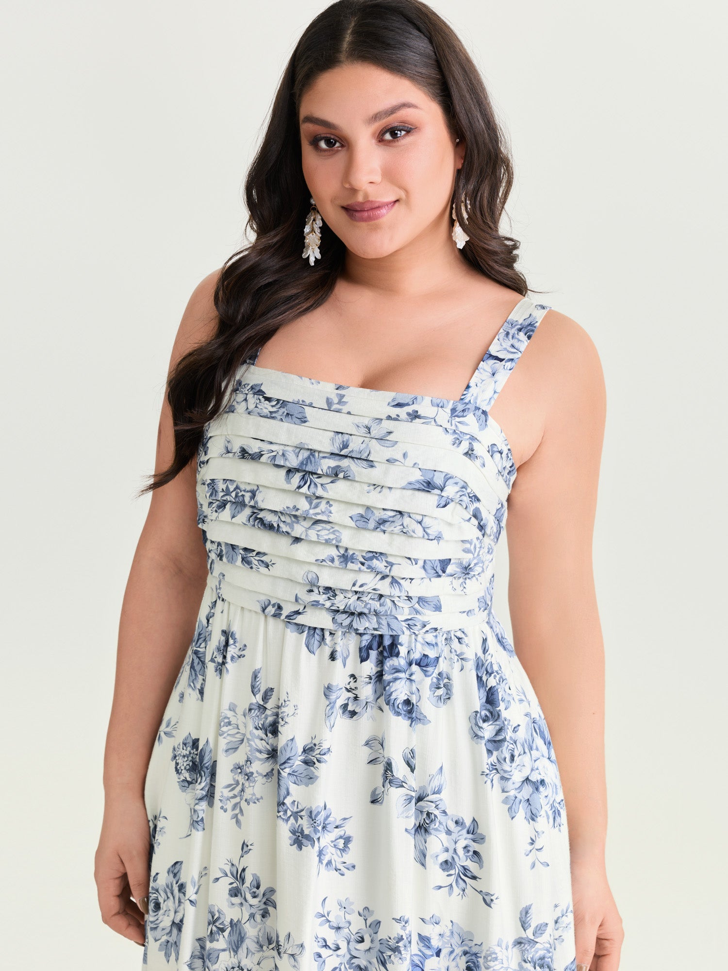 Large Floral Print Pleated Bodice Midi Dress
