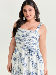 Large Floral Print Pleated Bodice Midi Dress