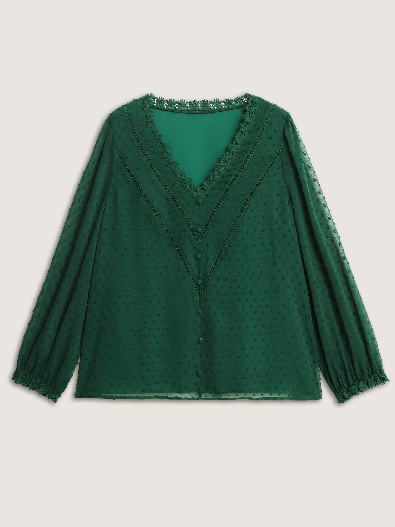 Jacquard Lace Trim V-Neck Blouse