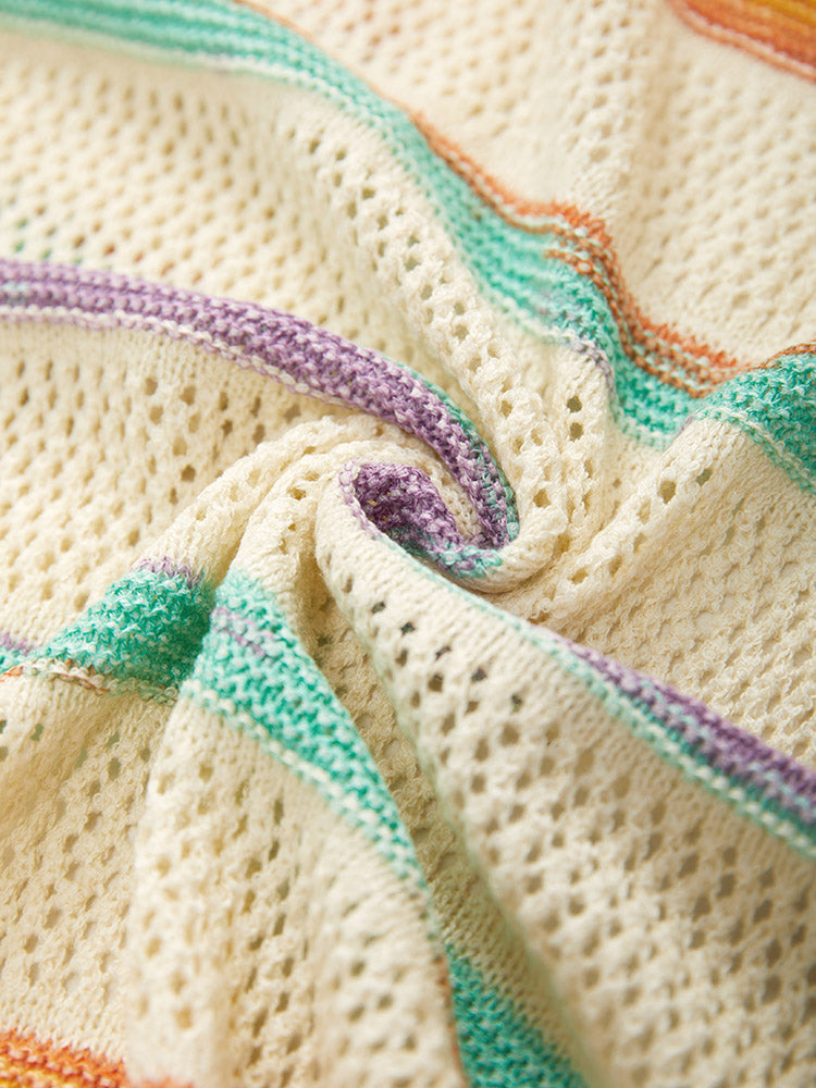 Rainbow Striped Fringe Trim Open Front Cardigan