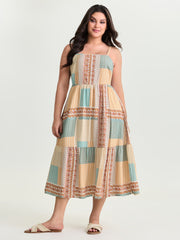 Colorblock Print Tiered Cami Midi Dress