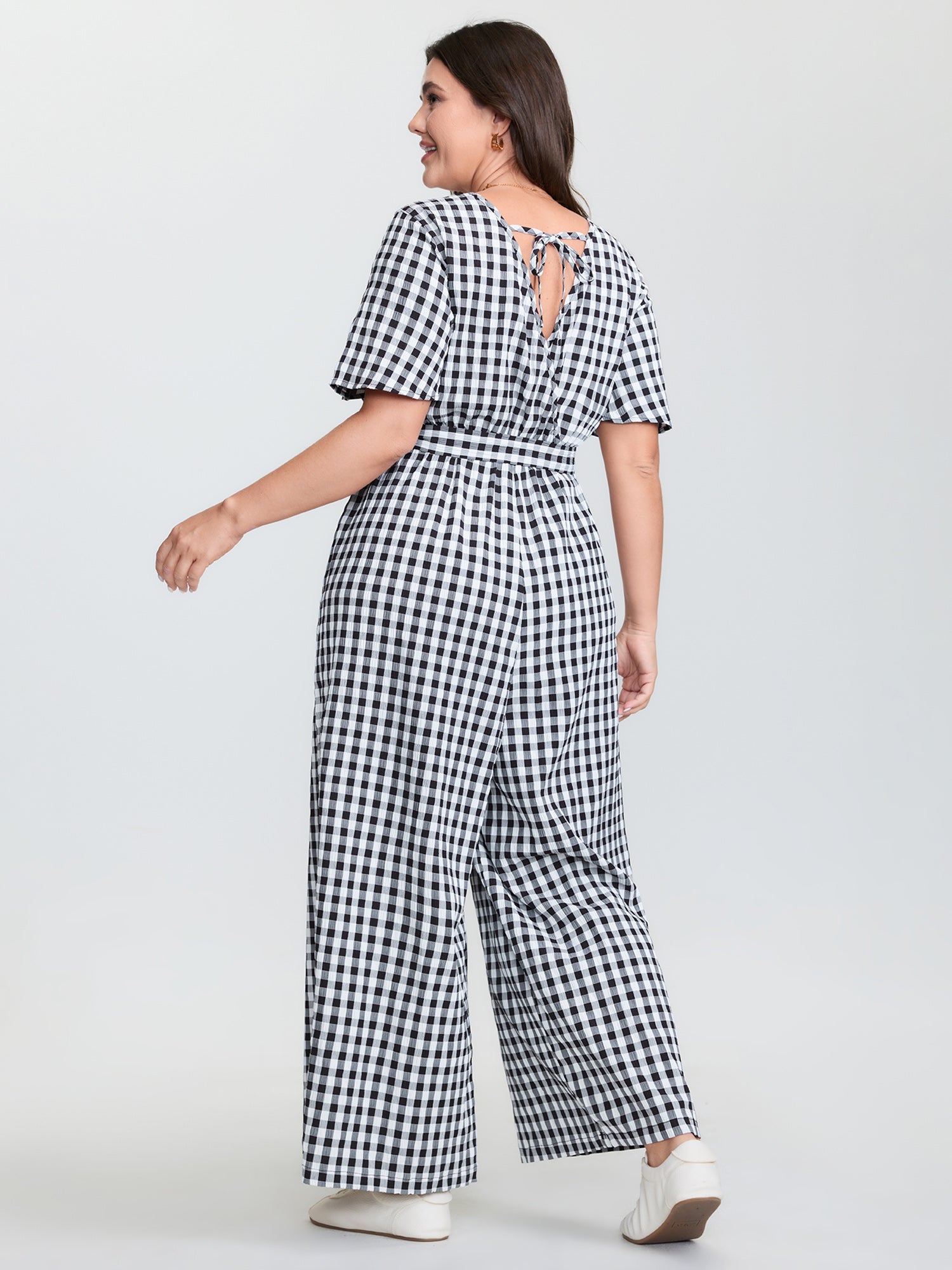 Checkered Print Pockets Waist-Tie Jumpsuit