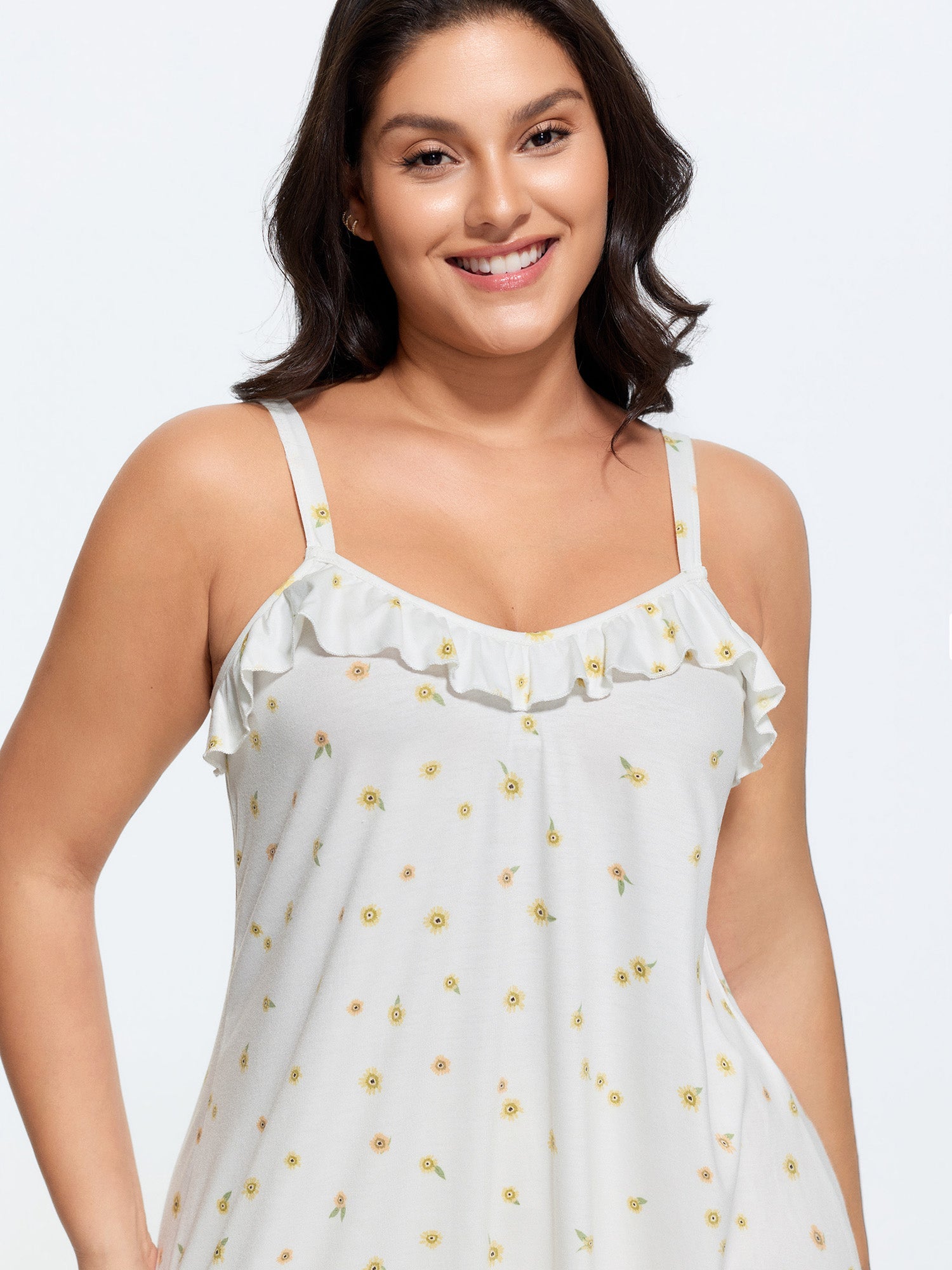 Supersoft Ruffled Neckline Floral Print Sleeveless Nightgown