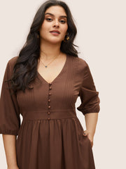 Solid Pleated Button Detail Lantern Sleeve Dress