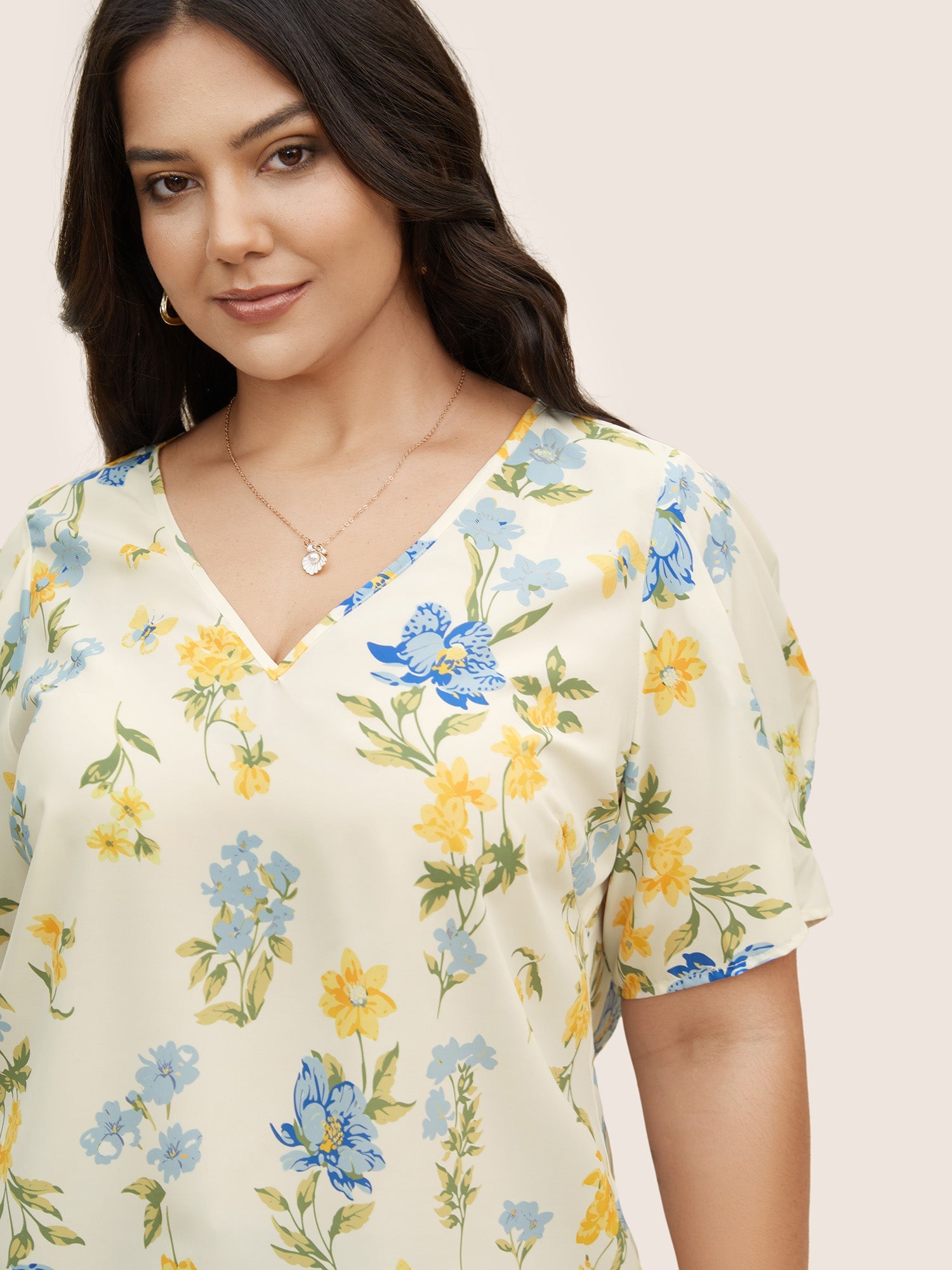 Floral & Butterfly V Neck Bishop Sleeve Blouse