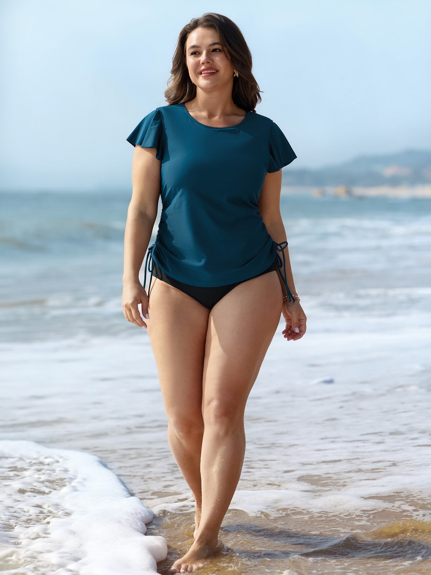 Adjustable Side Drawstring Flutter Sleeve Swim Top