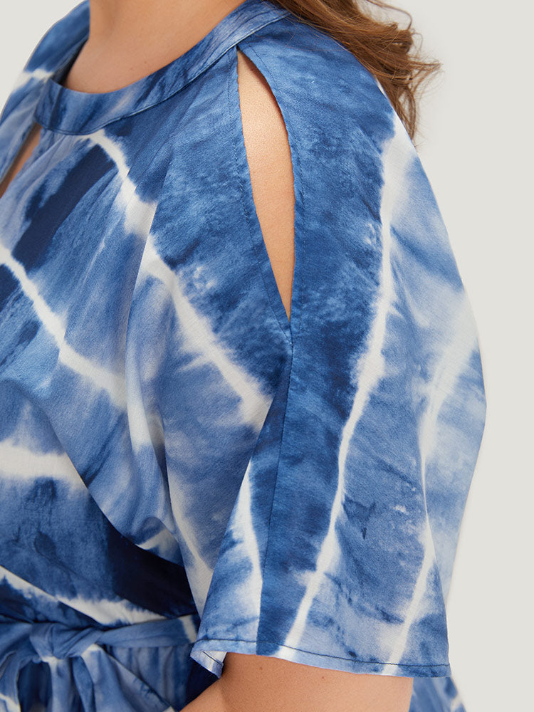 Tie Dye Keyhole Belted Batwing Sleeve Romper