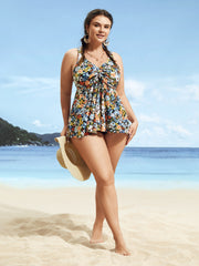 Colored Floral Print Knotted Gathered Swim Top