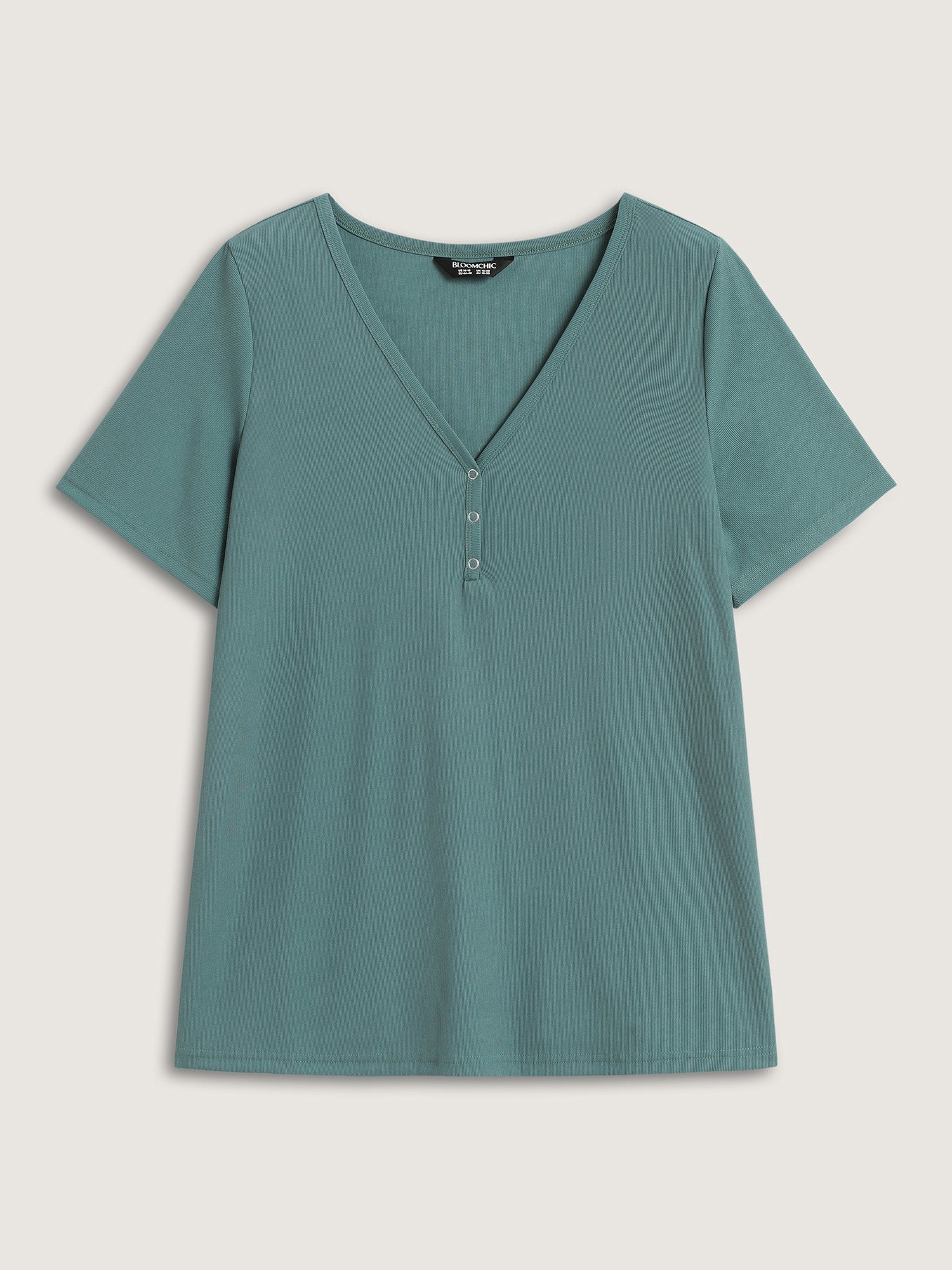 Ribbed Button V-Neck Knit T-Shirt