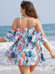 Tropical Adjustable Straps Cold Shoulder Ruffles Trim Swim Dress