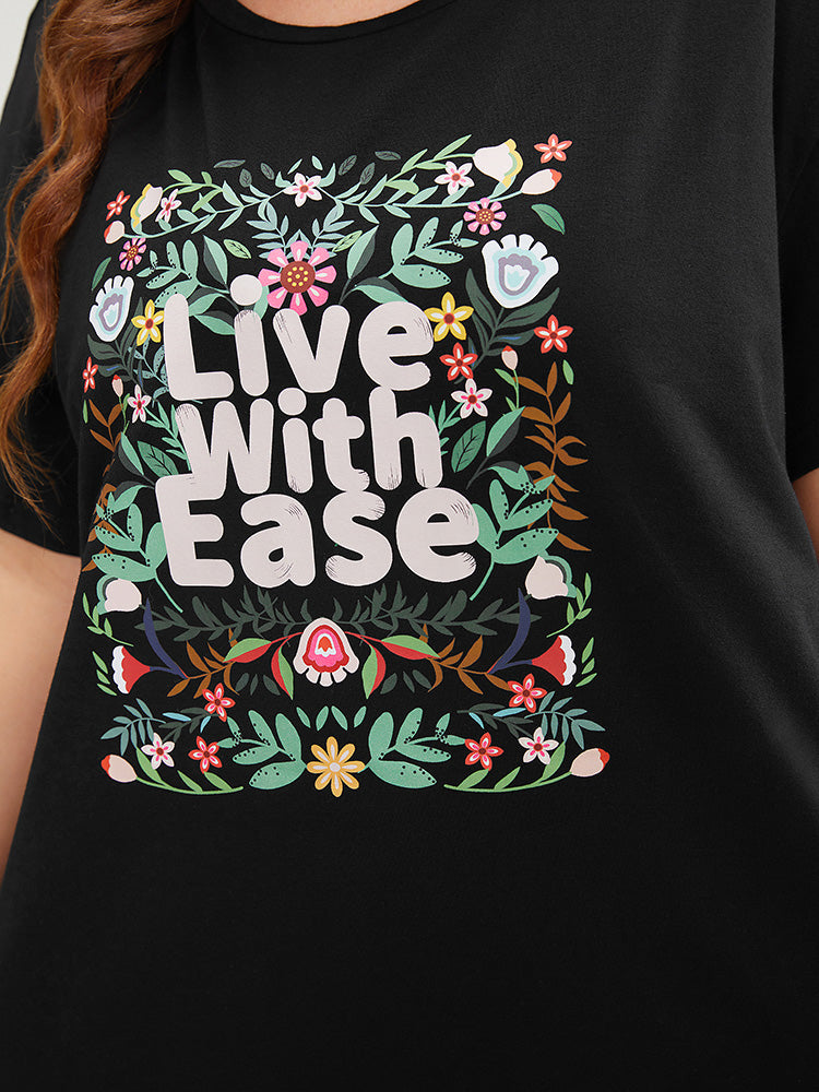 Floral & Slogan Print Slightly Stretchy Casual T-shirt