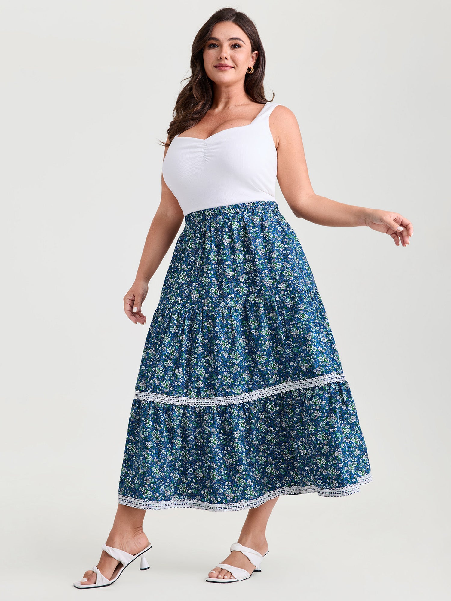 Floral Print Lace Trim Flowy Maxi Skirt