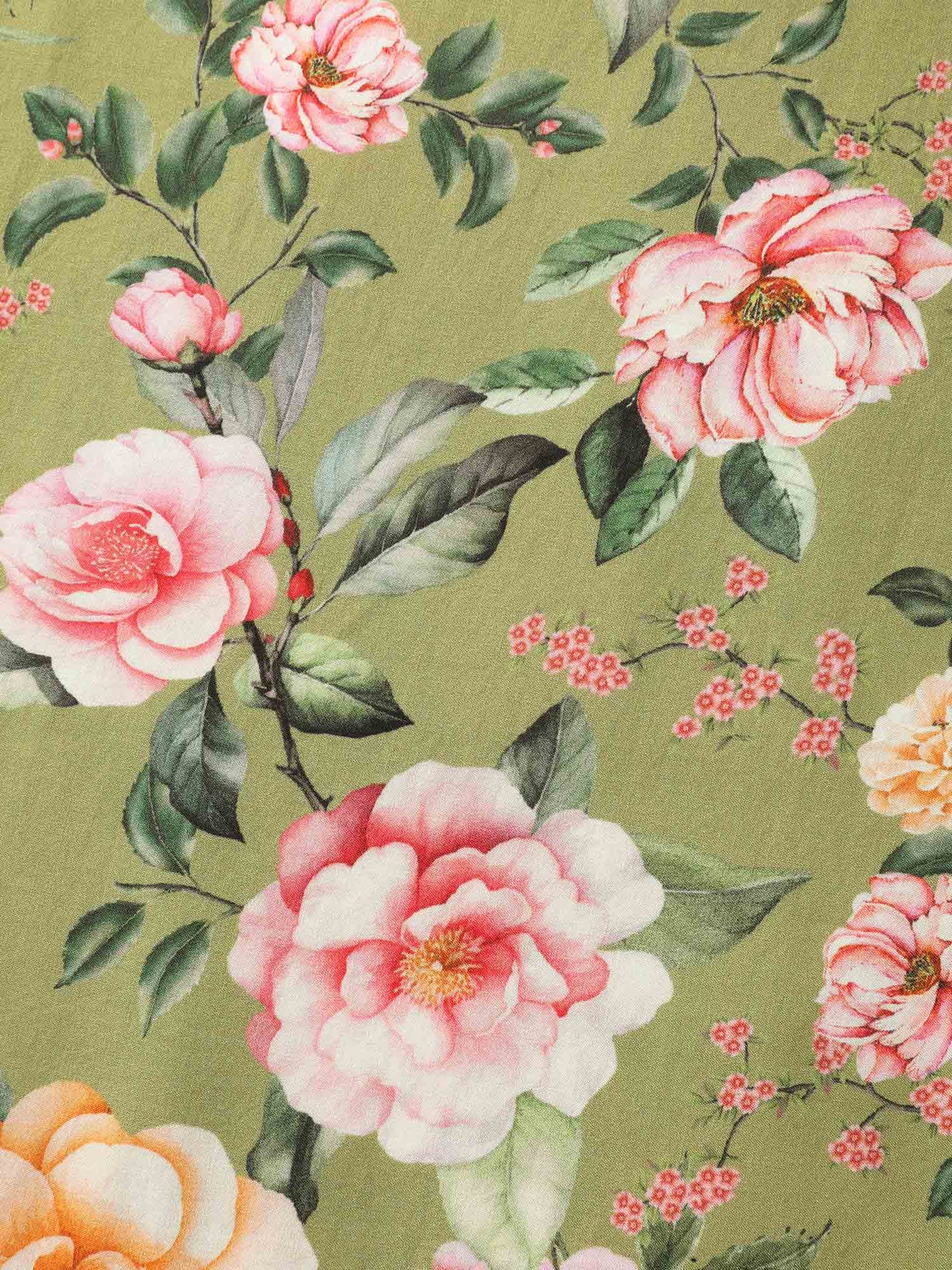 Rayon Floral Shirred Pockets Midi Dress