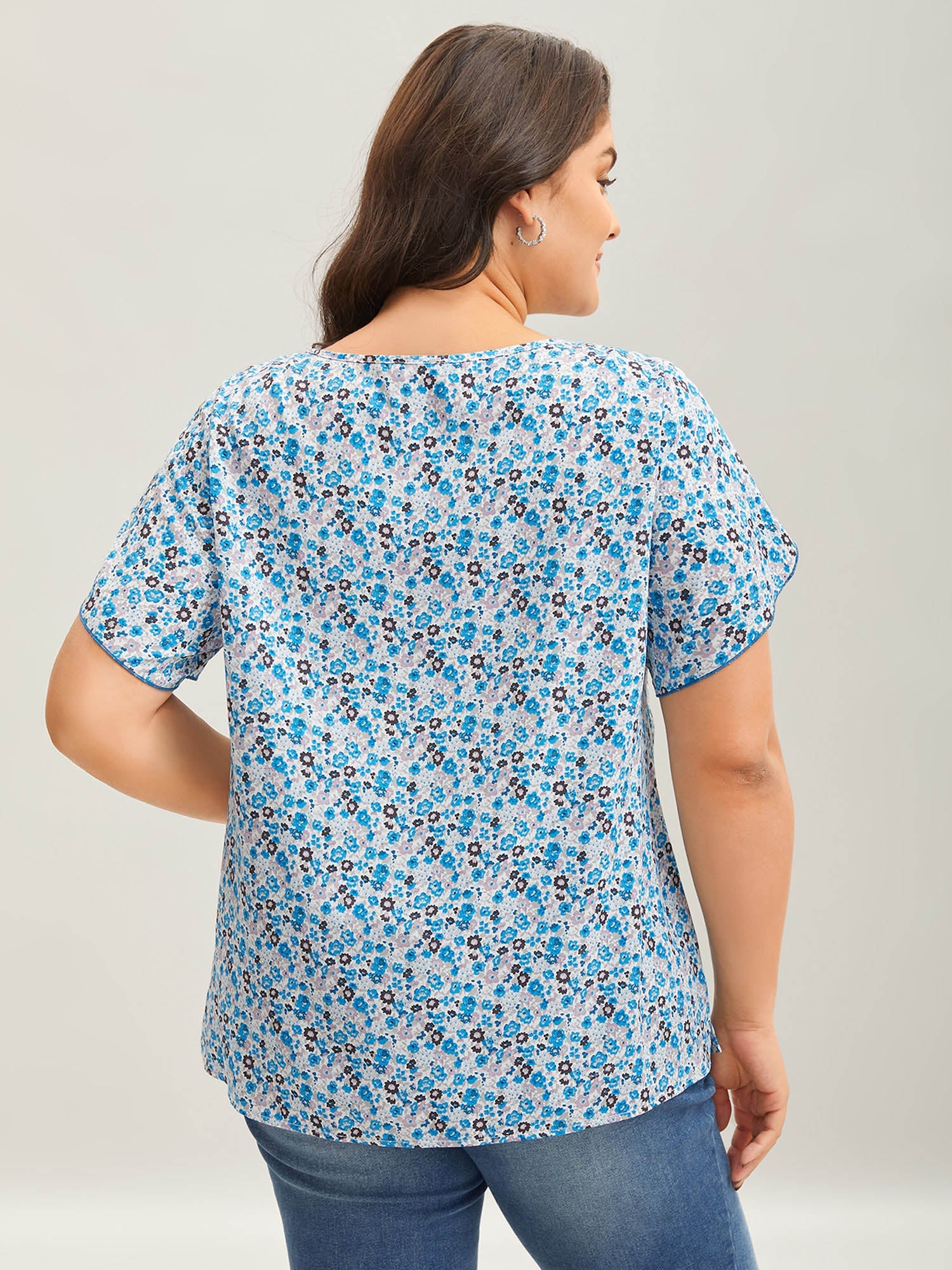 Floral Print Petal Sleeve Pleated Neck Blouse