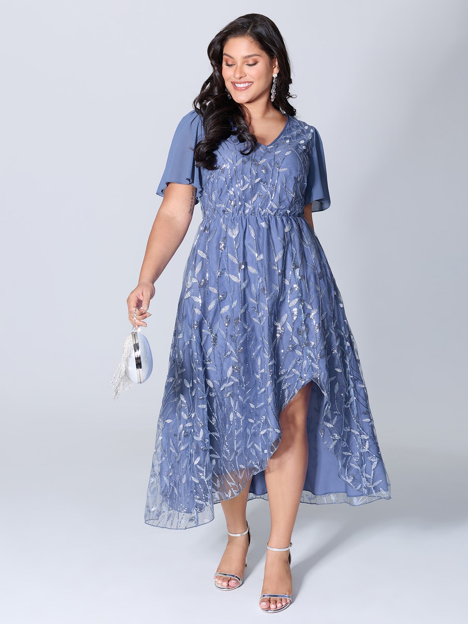 Lace Mesh Petal Hem Leaf Sequin Midi Dress