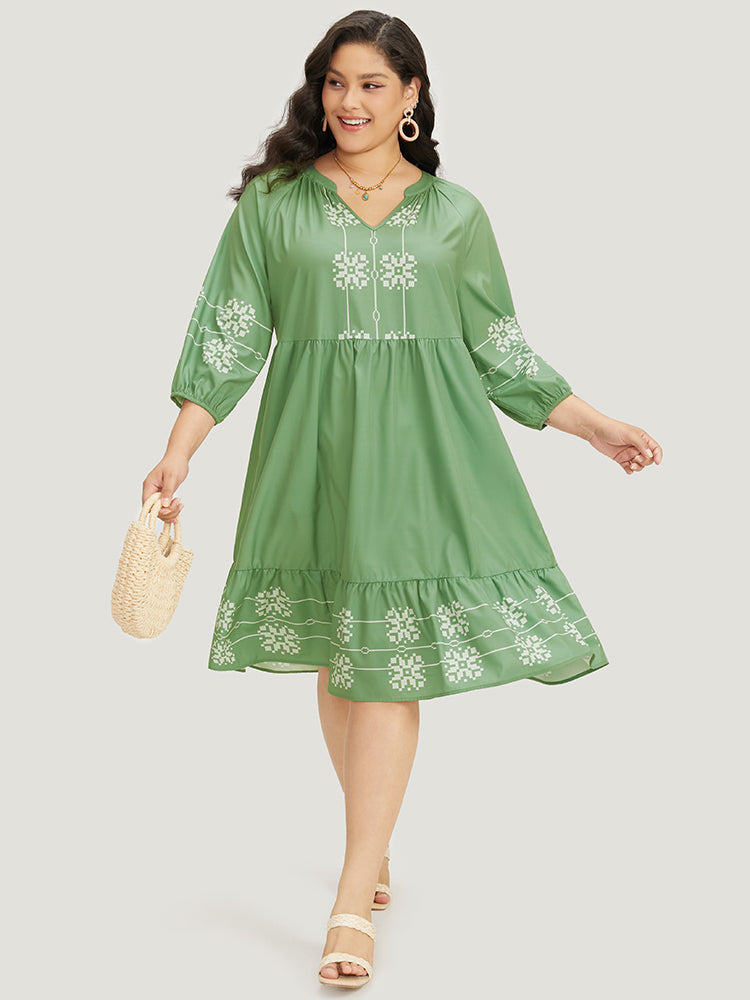 Bandana Print Notched Layered Hem Elastic Cuffs Dress