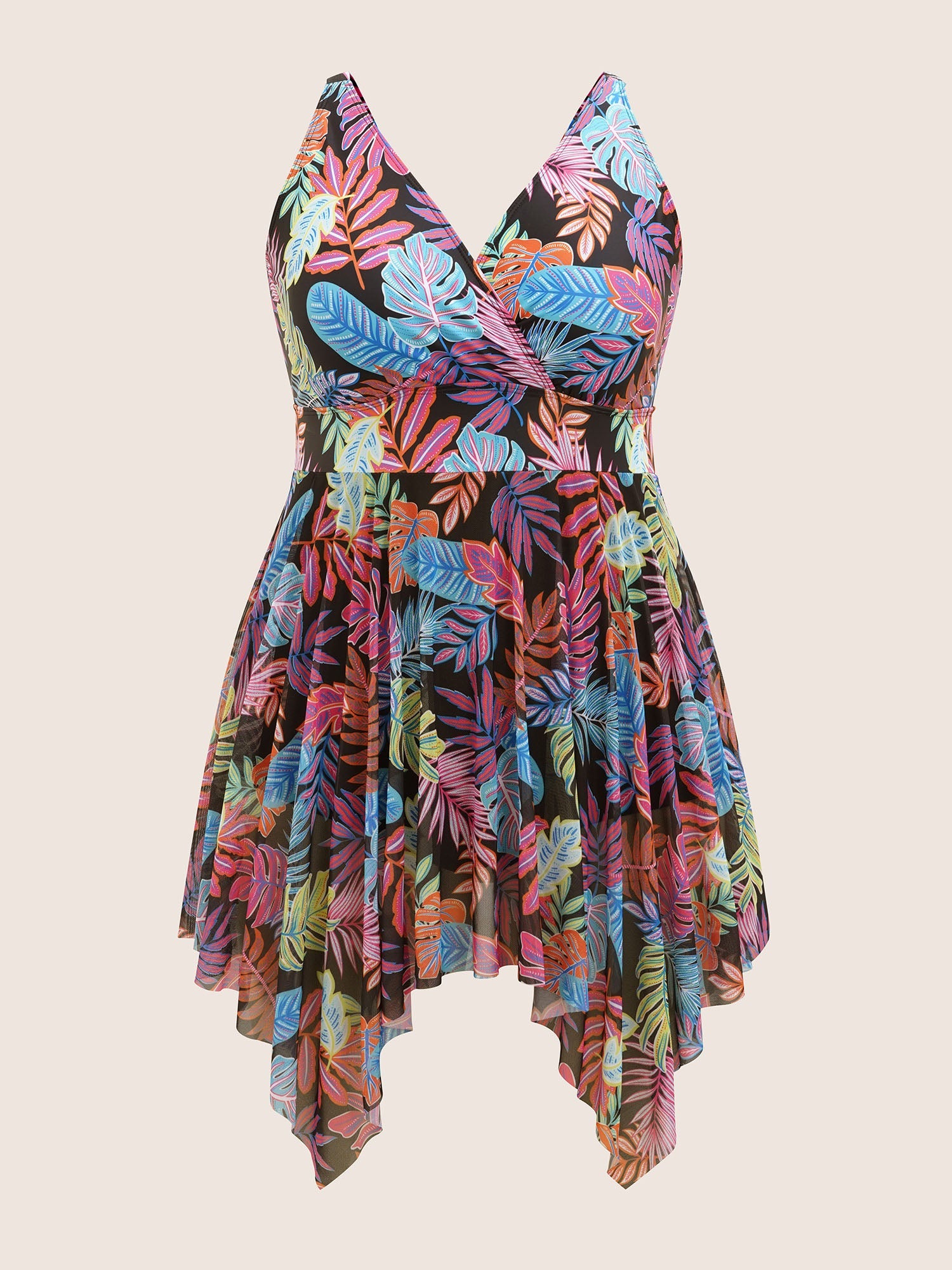 Tropical Print Overlap Collar Hanky Hem Swim Dress
